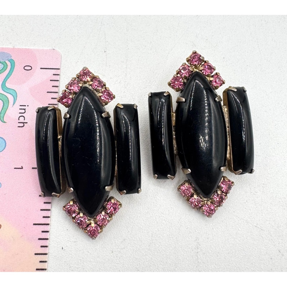 Vintage Black Cabochon Pink Rhinestone Clip On Earrings Mid Century Modern - Picture 5 of 5